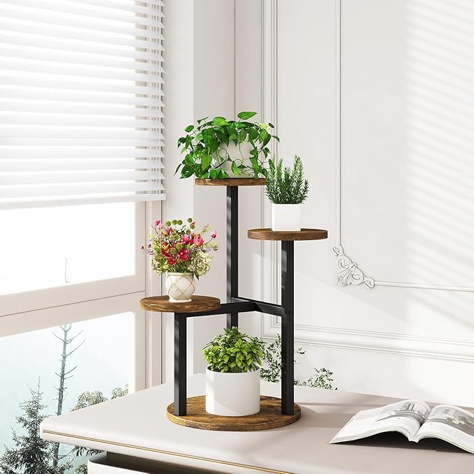 IBUYKE 4 Tier Plant Stand Indoor, Metal Wood Plant Shelf for Multiple Plants, Small Tiered Corner Flower Pot Stand for Living Room Patio Balcony Garden, Rustic Brown TMJ073H