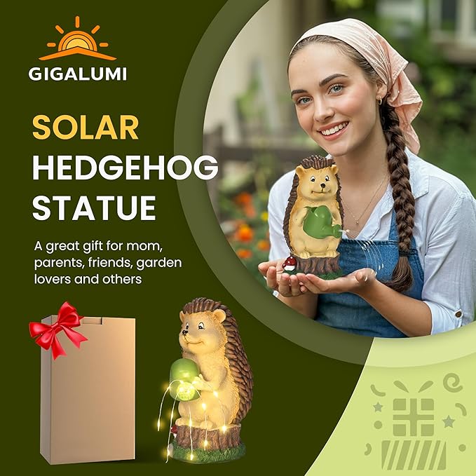 GIGALUMI Solar Garden Decor Watering Hedgehog Statues, Outdoor Decor for Yard Art Lawn Ornaments Porch Patio Balcony Home House. Birthday Gifts for Women Mom Grandma