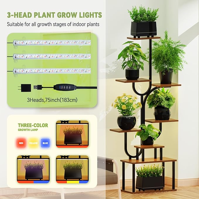 Plant Stand Indoor, 8-Tiered Corner Plant Rack Indoor with grow light, 61.42" metal Plant display shelves, Tree-Shaped Flower Ladder for Home, Patio, Living room
