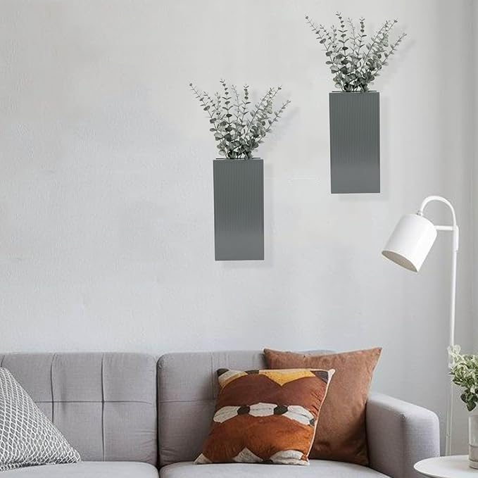 Wood Wall Planter Set of 2, Modern Wall Hanging Decor Pocket Planter for Greenery and Dried Flowers, Indoor Wood Hanging Vase (Gray)