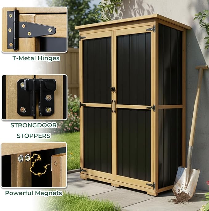 Outdoor Storage Shed with Adjustable Shelf, Wood & Metal Storage Cabinet Waterproof with Lockable Doors & Sloping Roof,Vertical Garden Shed for Patio Backyard, Tool Shed and Accessories, Brown