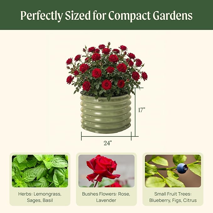 17" Tall Herb Raised Garden Bed for Basil Lavender Sages, 24" Wide Round Fruit Tomato Planter Box for Gardening Blueberries Figs, Flower Metal Pot Container for Rose, Twin Pack, British Green