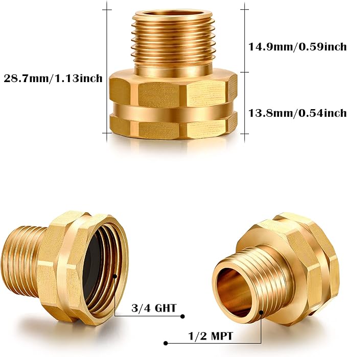 Garden Hose 3/4" GHT Female x 1/2" NPT Male Connector, Brass Pipe Fitting Adapter (3-Pack)