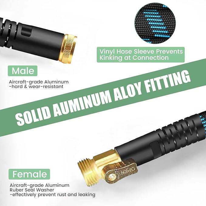 Non-Expanding Garden Hose 100ft,flexible, lightweight hose is resistant to kinks and tangles.With 10-way nozzle, strong 3/4” metal fittings, and a shut-off valve.