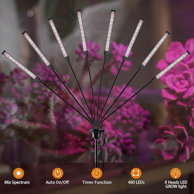 Grow Lights for Indoor Plants Full Spectrum with Stand and Timer, (Red+Blue+White) 8 Heads LED Plant Lights for Indoor Growing, Standing Floor House Plant Lamp for Seed Starting.