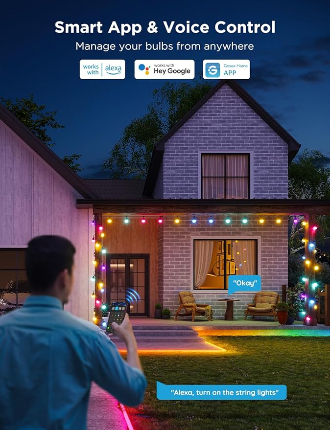 Govee Smart Outdoor String Lights 2, 144ft Outdoor Lights with Dimmable Warm White LED Bulbs, 47 Scene Modes for Patio, Backyard, Balcony, IP65 Waterproof, Works with Alexa, App Control