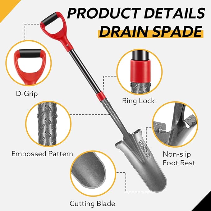 Drain Spade, Digging Garden Shovel with Fiberglass Handle for Digging,Gardening,Trenching,Transplanting,44 inches