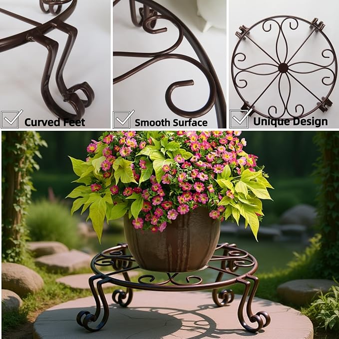 2 Pack 12" Plant Stands, Heavy Duty Rustproof Metal Plant Holders for Indoor and Outdoor Use, Wrought Iron Round Flower Stands for Patio, Balcony, and Garden (Bronze)