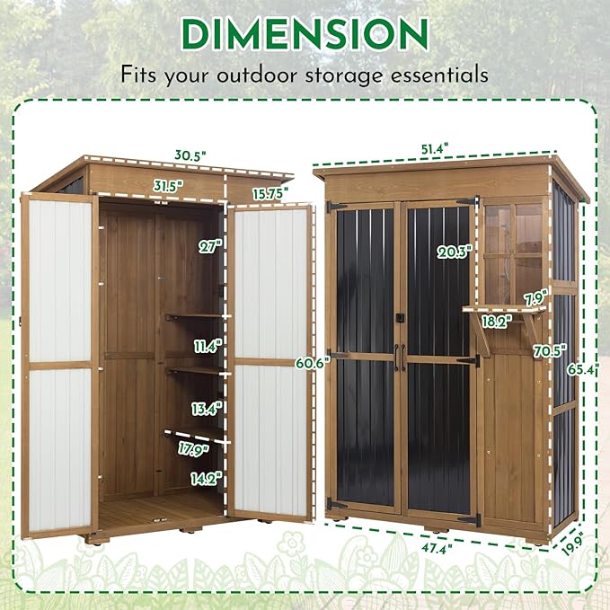 Outdoor Storage Cabinet, Large Wood & Metal Garden Shed with Foldable Table, Weather-Resistant Asphalt Roof, Lockable Doors & Adjustable Feet for Patio, Backyard, or Garage (47"L x 20"W x 70"H)