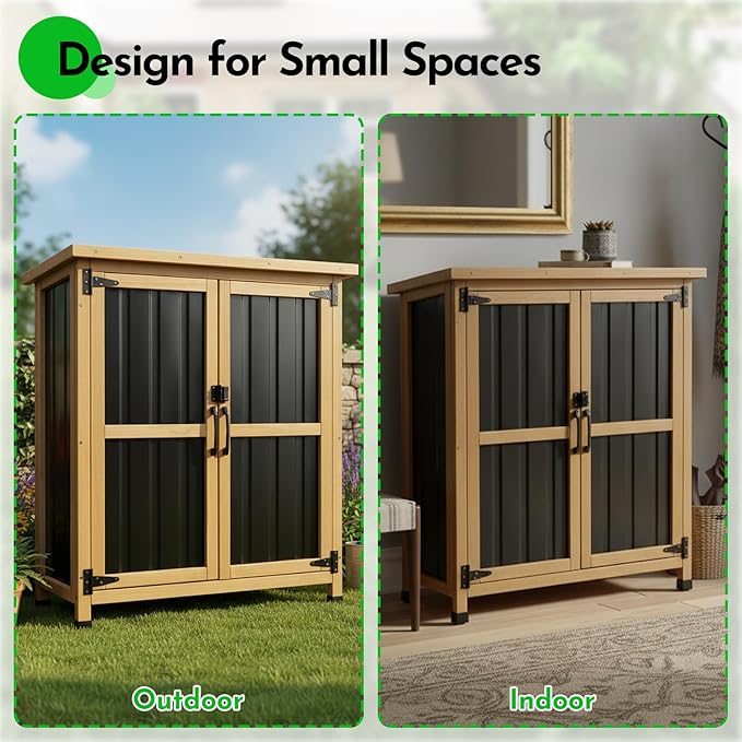 Small Outdoor Storage Cabinet Waterproof, Wood & Metal Storage Shed with Lockable Doors & Adjustable Shelves, Vertical Outdoor Cabinets for Patio Backyard,Garden Tool Shed and Accessories, Brown