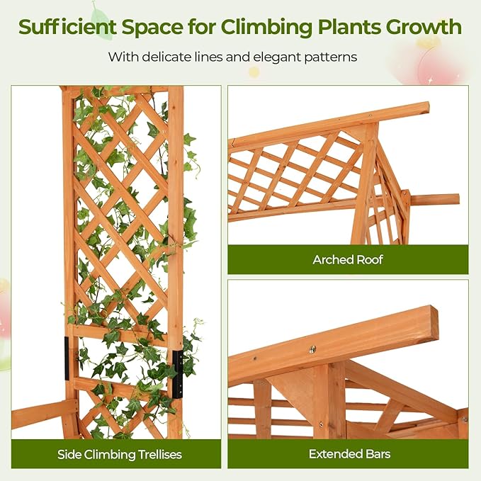 Giantex Garden Arch Trellis with Bench - 63''W x 79''H Wooden Arbor with 2-Person Outdoor Bench, Garden Arbors Archway Pergola for Climbing Plants Rose Wedding Backyard Party Lawn Decor
