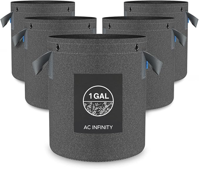 AC Infinity Heavy Duty Fabric Pots, 1 Gallon Aeration Reusable Grow Bags 5-Pack with 500G Thick Nonwoven Fabric and Multi-Purpose Rings, for Low Stress Plant Training Fruits, Vegetables, and Flowers