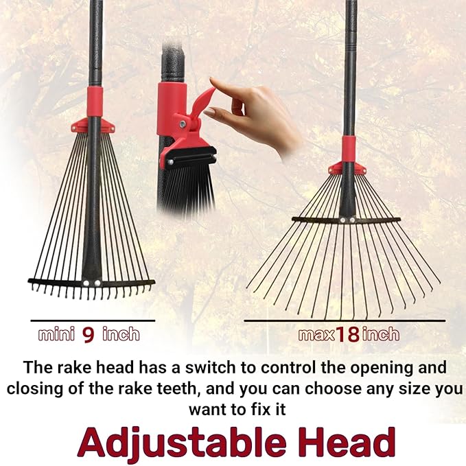 91 Inch Rake for Leaves , Adjustable 18 Tines with Expandable Head 9-18in Grass Rake Heavy Duty Metal Rakes for Women Children Yard Gardener Gardening Grass Debris Lawns