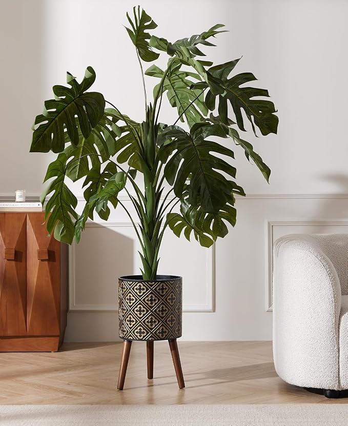 nacltlo12 Inch Plant with Stand Planter for Indoor Plants Large Modern Mid-Century Plant Pots Indoor Outdoor with Drainage for Home Garden Patio,Black and Gold