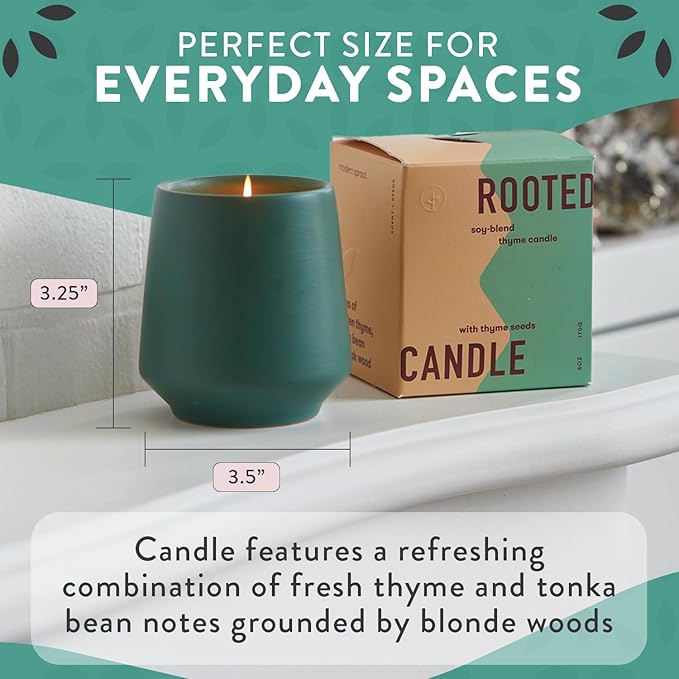 Modern Sprout Rooted Candle - 2 in 1 Tonka Bean Scented & Soy Candle with Seeds That Grows into Thyme Plant - 6 oz w/ 42 hr Burn time in Matte Glaze Ceramic Vessel Ideal for Indoor Herb Garden