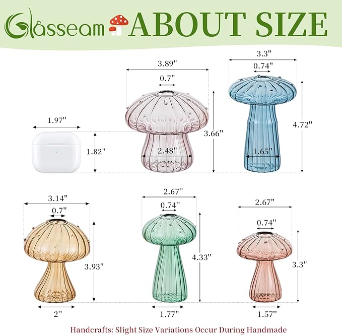 Colorful Mushroom Propagation Stations for Plants: Glasseam 10Pcs Glass Plant Terrarium for Pothos Herbs - Lovely Hydroponic Propagator for Window Table Decor - Unique Gifts for Women