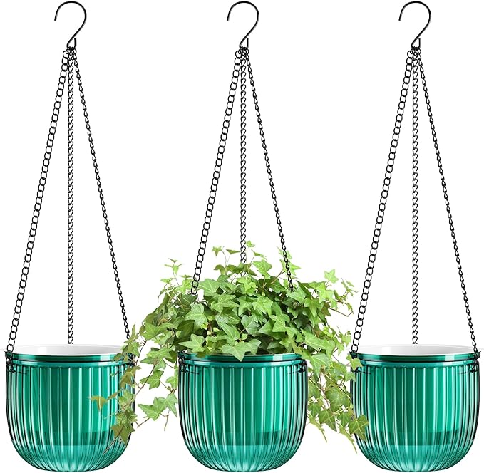 ZeeDix 3 Pack-6.5 Inch Hanging Planters for Indoor Plants, Self Watering Hanging Plant Pots with 3 Hooks and Drainage for Home, Wall, Window Decor Outdoor Use (Green, 6.5 inch)