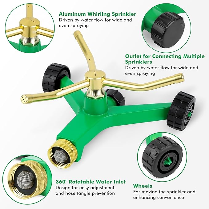 RESTMO 3-Arm Metal Sprinkler with Wheel Base, 360 Degree Automatic Rotary Lawn Sprinkler System for Garden Plant, Flower Bed and Yard Watering and Large Yard Area Watering