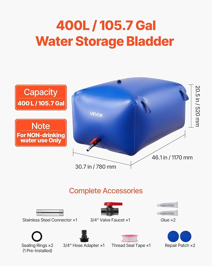 VEVOR Water Storage Bladder 105.7 Gallon Large Capacity Water Bag, Portable & Collapsible Soft Waters Container, Leakproof & Tear-Resistant PVC Emergency Waters Storage Tank for RV Truck & Outdoor Use