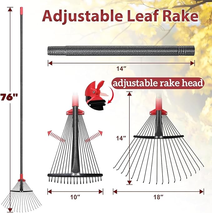 76 Inch Rake for Leaves, Adjustable 18 Metal Tines with Expandable Head Garden Rakes for Lawns Heavy Duty Metal Rake for Leaves Yard Gardening Grass Outdoor Debris