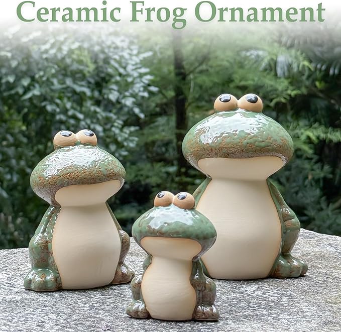 Frog Decor for Outdoor Garden Set of 3 - Cute Ceramic Frog Statues for Lawn, Pond, Patio, or Porch - Whimsical Ornaments, Funny Yard Decor, Ideal Chrismtas Gifts Decorations for Mom Grandma (Green)
