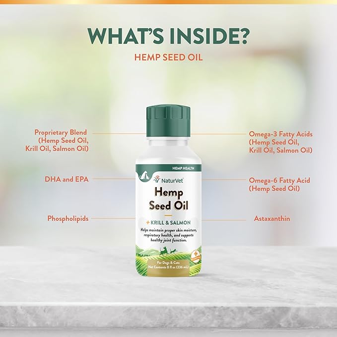 NaturVet Hemp Seed Oil Krill and Salmon, 8 oz. Liquid, Made in The USA