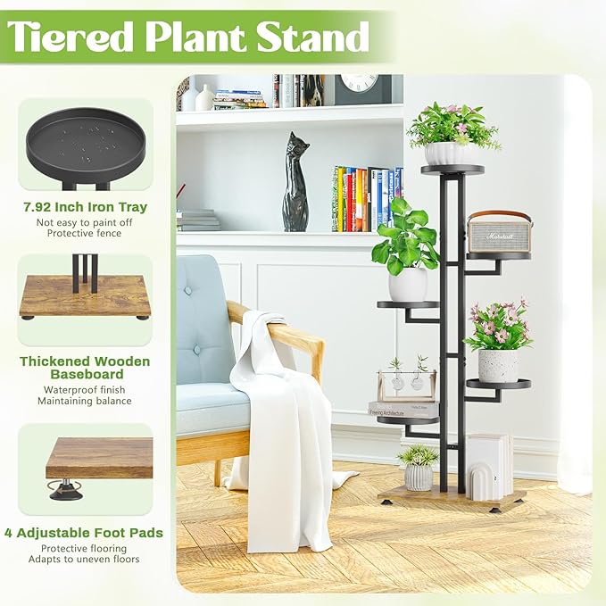 iDavosic.ly 5 Tier Plant Stand Indoor Outdoor, Tiered Corner Multiple Flower Pot Holder Shelf, Metal 40 Inch Tall Display Rack for Patio Porch Living Room Garden Balcony Bedroom, Black
