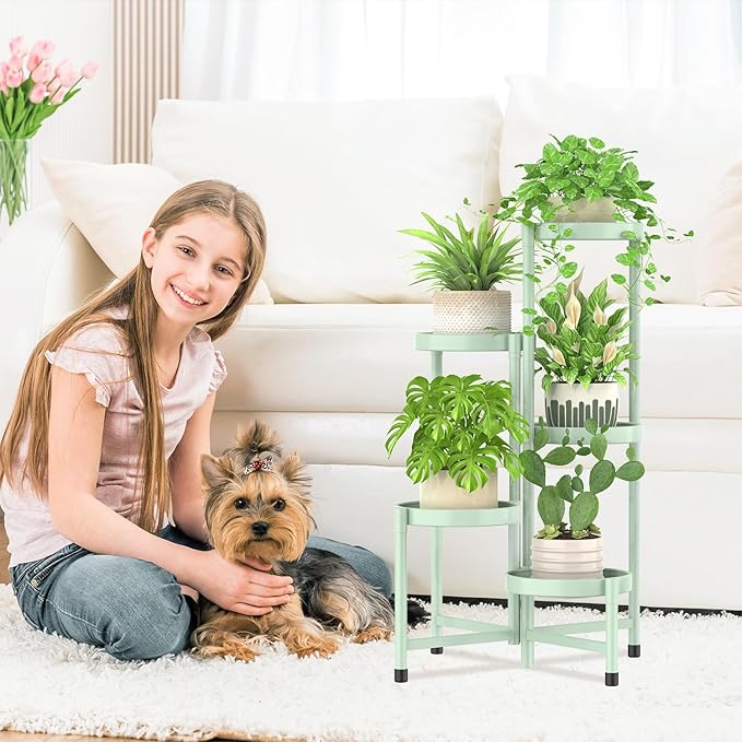 iDavosic.ly Plant Stand Indoor Outdoor, 5 Tier Corner Metal Flower Display Holder Shelf, Easy Assembly Folding Tall Orchid Rack for Patio Balcony Porch Garden Living Room House, Light Green