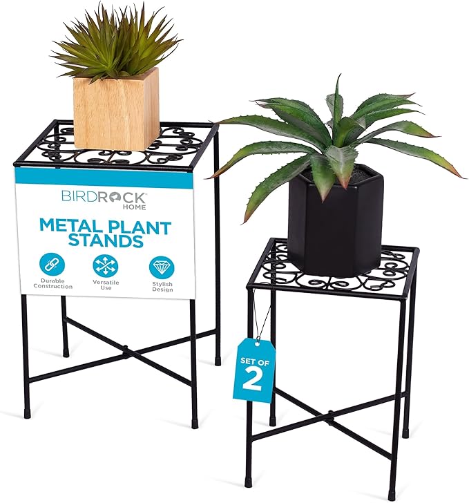 BIRDROCK HOME Metal Plant Stands - Durable Iron with Decorative Scroll Design - Compact Folding Stand for Small Plants, Succulents, and Flowers - Perfect for Indoor and Outdoor Use - Black, Set of 2