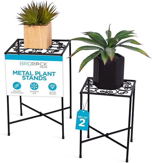 BIRDROCK HOME Metal Plant Stands - Durable Iron with Decorative Scroll Design - Compact Folding Stand for Small Plants, Succulents, and Flowers - Perfect for Indoor and Outdoor Use - Black, Set of 2