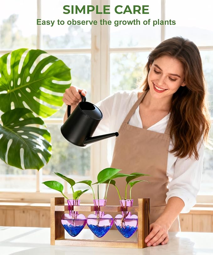 Nacome Plant Terrarium Propagation Stations: Christmas Gifts for Plant Lovers Women Mom Wife - Wooden Stand Tabletop Planter 3 Bulb Glass Vase Heart Shaped for Hydroponics Indoor Home Decor(Purple)