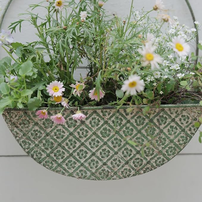 2-Piece Green Metal Planter Wall Hanging Baskets Decor Half-Moon Wall Mount Planter Set for Shabby Chic Farmhouse Outdoor Indoor Wall Decor