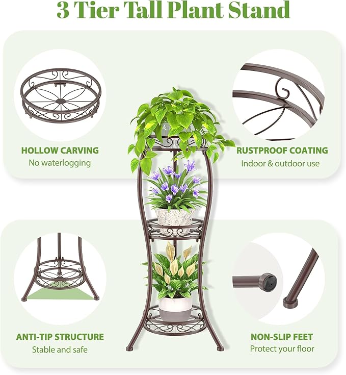 iDavosic.ly 3 Tier Tall Metal Plant Stand Indoor Outdoor, Wrought Iron Corner Flower Pot Holder Shelf, 34 Inch Vertical Display Rack for Patio Porch Living Room Garden, Bronze