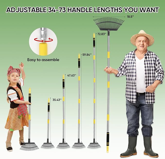 Rake Heavy Duty 6FT Long Garden Rakes , 18.5 Inch Wide Leaf Rake for Lawns, 25 Metal Tines, Adjustable Stainless Steel Handle for Leaves, Yards, Grass, Garbage, Weeds, Debris (Yellow)