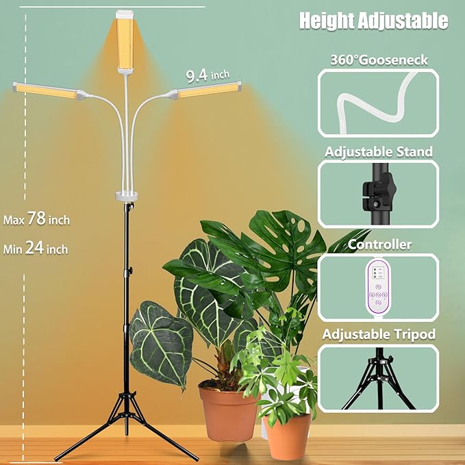 Grow Lights for Indoor Plants Full Spectrum, LED Plant Light with Stand, Adjustable Height, 4/8/12H Timer, 10 Dimmable Levels & 3 Lighting Modes (315 LEDs Stand)