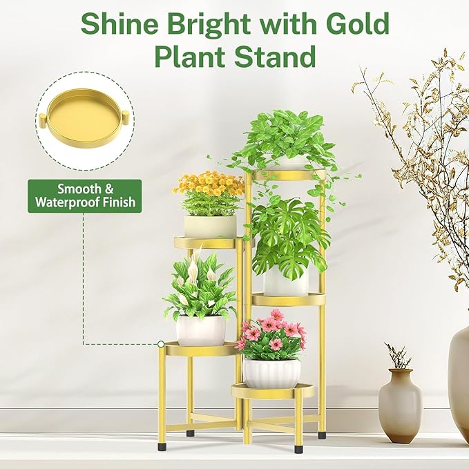 iDavosic.ly Plant Stand Indoor Outdoor, 5 Tier Corner Metal Flower Display Holder Shelf, Easy Assembly Folding Tall Orchid Rack for Patio Balcony Porch Garden Living Room House, Gold