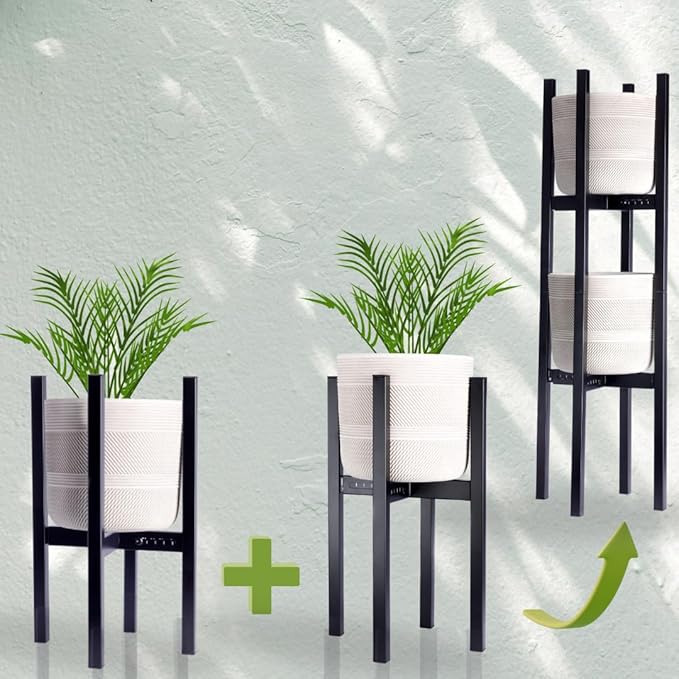 2 Tier indoor outdoor Plant Stand - Set of 2 Heavy Duty Rustproof Metal Plant stands, Modern Reversible Flower holder for Large Pots. Adjustable plant stand for pots 8–12 Inch), 32" Tall, Stackable Rack for Patio or Home Decor by iSpaces