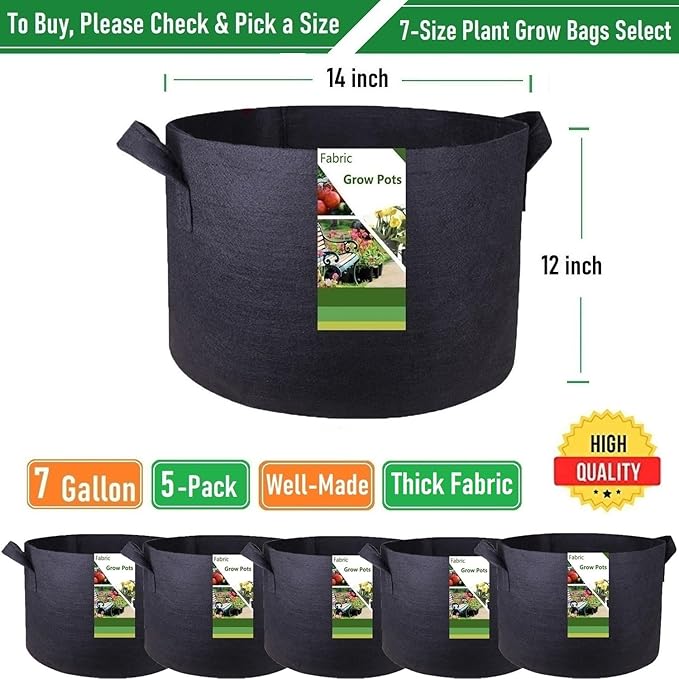 5-Pack 7 Gallon Plant Grow Bags (14x12 inch) Thickened Fabric Plant Pots Garden Bags for Tomato,Potato Planter Bag,Herbs Veggies Planters,Flower Pot,Garden Pot,Barrel Planter,Plant Container W/ Gloves