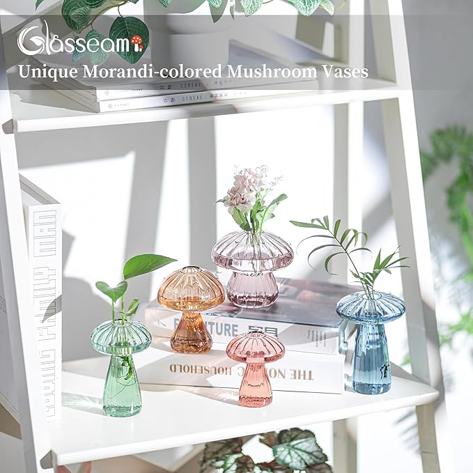Colorful Mushroom Propagation Stations for Plants: Glasseam 10Pcs Glass Plant Terrarium for Pothos Herbs - Lovely Hydroponic Propagator for Window Table Decor - Unique Gifts for Women