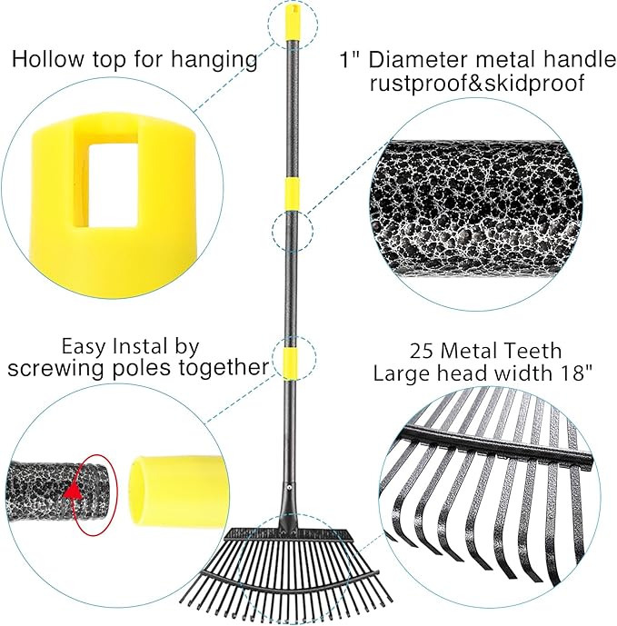 Rake for Leaves, 25 Tines 18" Wide Metal Rake with 32 Gallon Lawn and Leaf Bags & Leaf Scoops for Garden Adult Kids Lawn Shrub Yard Landscape Heavy Duty Long Handle 30-60