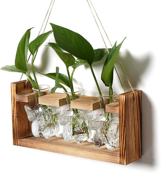Glass Plant Propagation Station Butterfly Planter Vase with Wooden Stand Birthday Gifts for Women Mom Plant Lovers Office Home Decoration