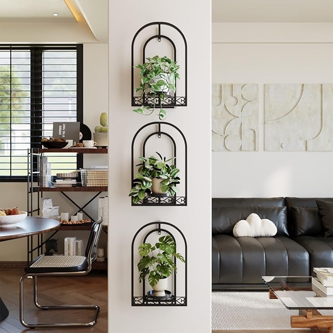 Wall Planter Holder with Light, Metal Arch Frame Hanging Plant Stand with Grow Lights, Modern Black Iron Wall Decor for Indoor Outdoor Living Room, Balcony & Garden 2 Pack Black