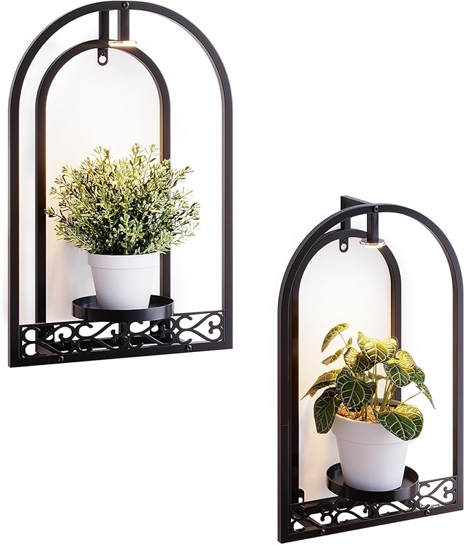 Wall Planter Holder with Light, Metal Arch Frame Hanging Plant Stand with Grow Lights, Modern Black Iron Wall Decor for Indoor Outdoor Living Room, Balcony & Garden 2 Pack Black