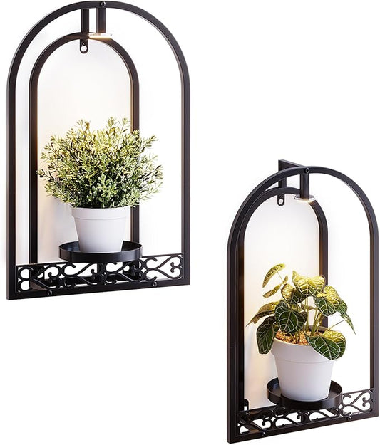 Wall Planter Holder with Light, Metal Arch Frame Hanging Plant Stand with Grow Lights, Modern Black Iron Wall Decor for Indoor Outdoor Living Room, Balcony & Garden 2 Pack Black