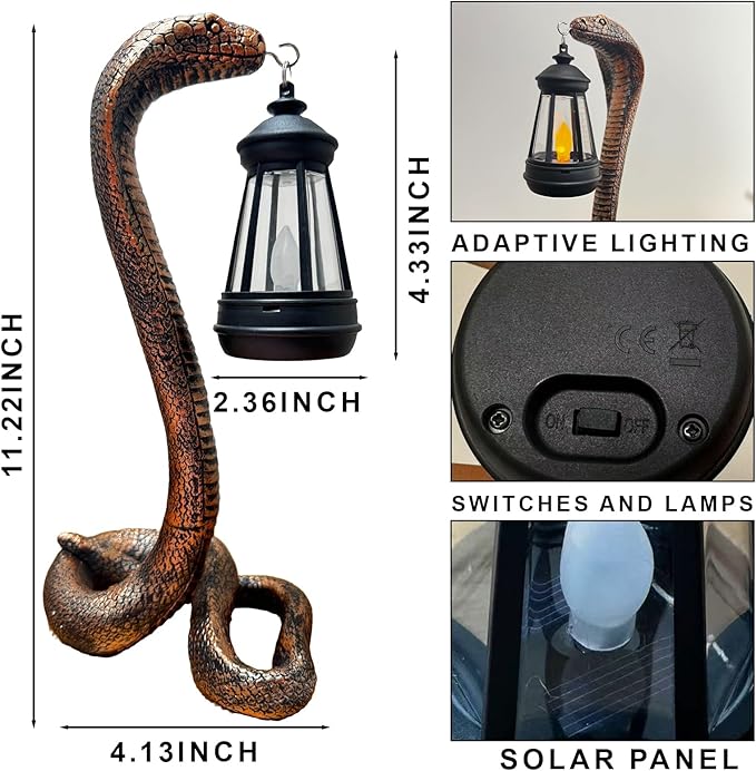 Solar Garden Outdoor Statues Snake with Solar Lights Outdoor Chrismtas Decorations - Lawn Decor Snake Statue for Patio, Balcony, Yard Ornament - Unique Housewarming Gifts（11.22" Brass Color