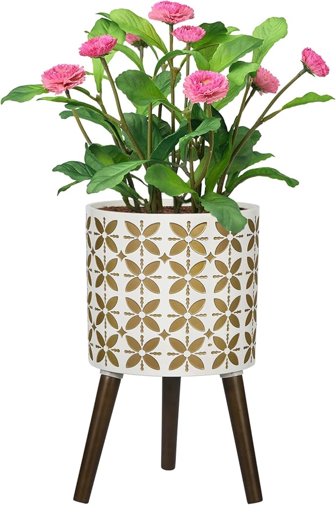 nacltlo12 Inch Planter with Stand,Plant Pot for Indoor Plants,Modern Mid-Century,Large Flower Planter Pot with Drainage Holes for Outdoor,White and xGold
