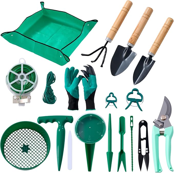 18-Piece Gardening Kit with Bonsai Tools, Succulent & Herb Planting Set, Pruning Shears, Seed Trays, Waterproof Mat – Durable BPA-Free Indoor & Outdoor Garden Tool Set Gift