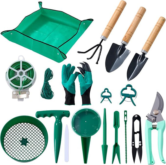 18-Piece Gardening Kit with Bonsai Tools, Succulent & Herb Planting Set, Pruning Shears, Seed Trays, Waterproof Mat – Durable BPA-Free Indoor & Outdoor Garden Tool Set Gift