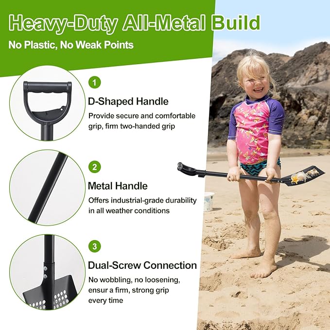 Sifter Shovel for Chicken Coop, 47 Inch Heavy Duty Beach Sifting Shovel for Sand Rock Poop Cleaning, Metal Detector Shovels for Farm, Gardening, D-Grip Handle, Square Gardening Shovels