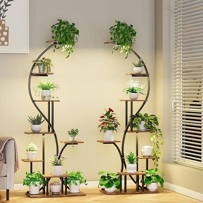 Plant Stand Indoor with Grow Lights, 2 Pack Tiered Indoor Plant Shelf, 65" Tall Plant Rack Flower Display Shelves, S-Shaped Metal Plant Flower Holder with Adjustable Brightness & Timer for Home, Patio